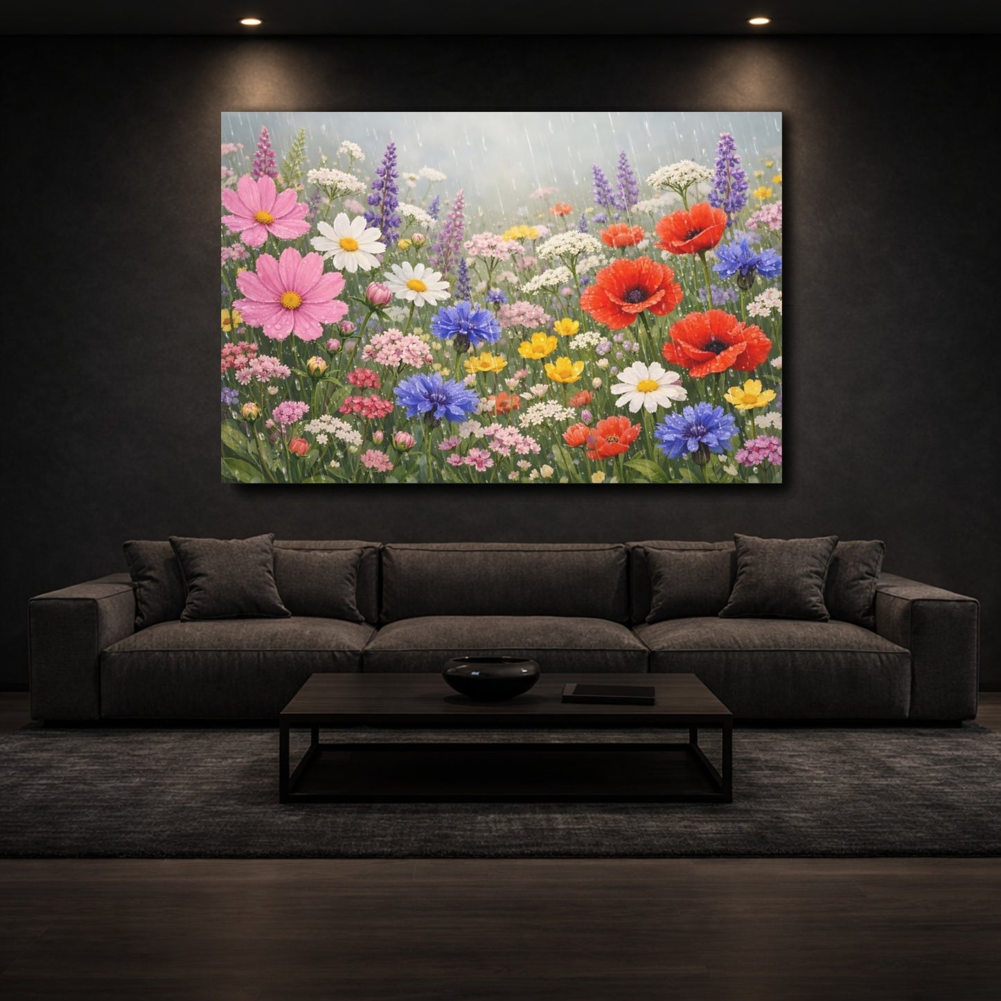 Mockup 2. Floral Wildflowers Colorful Rain Flowers shown as stretched canvas wall art