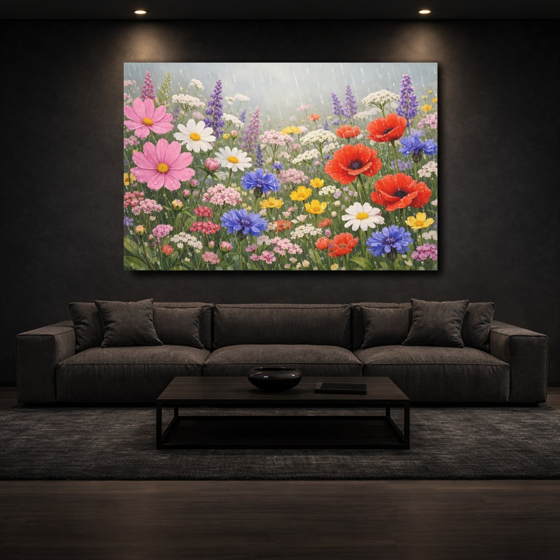 Mockup 2. Floral Wildflowers Colorful Rain Flowers shown as stretched canvas wall art