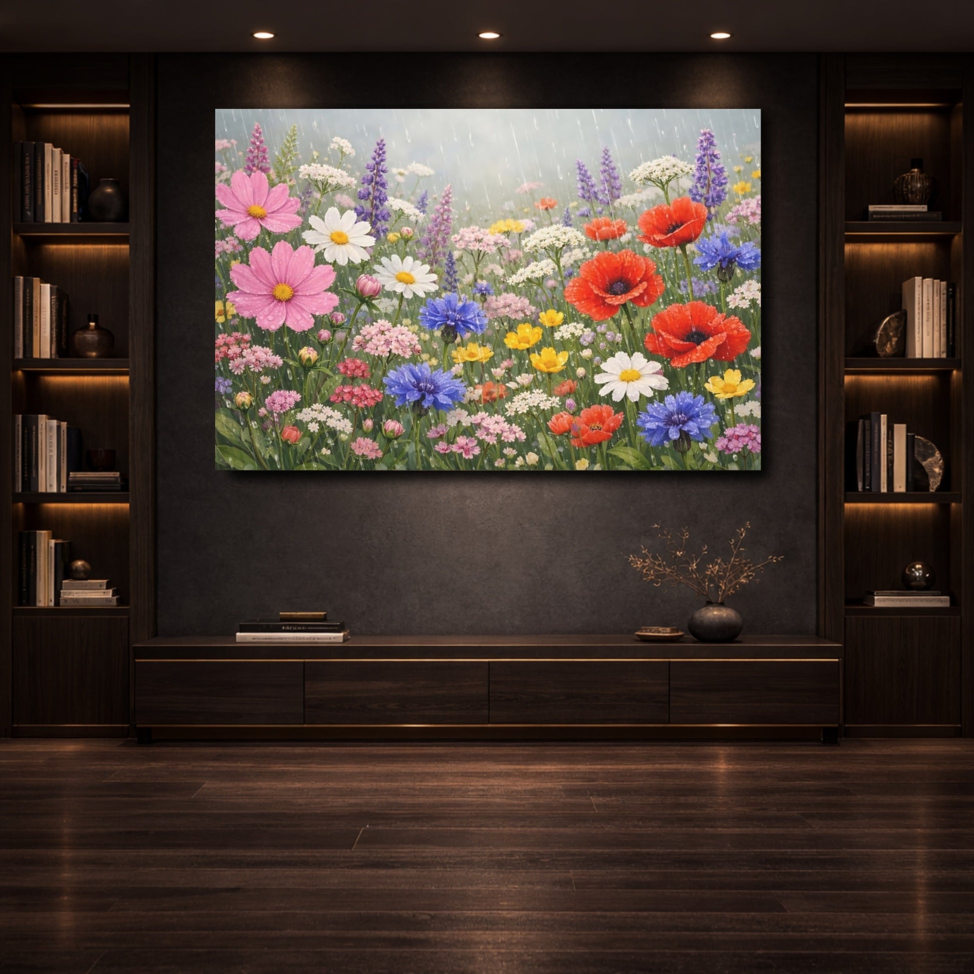 Mockup 3. Floral Wildflowers Colorful Rain Flowers shown as stretched canvas wall art