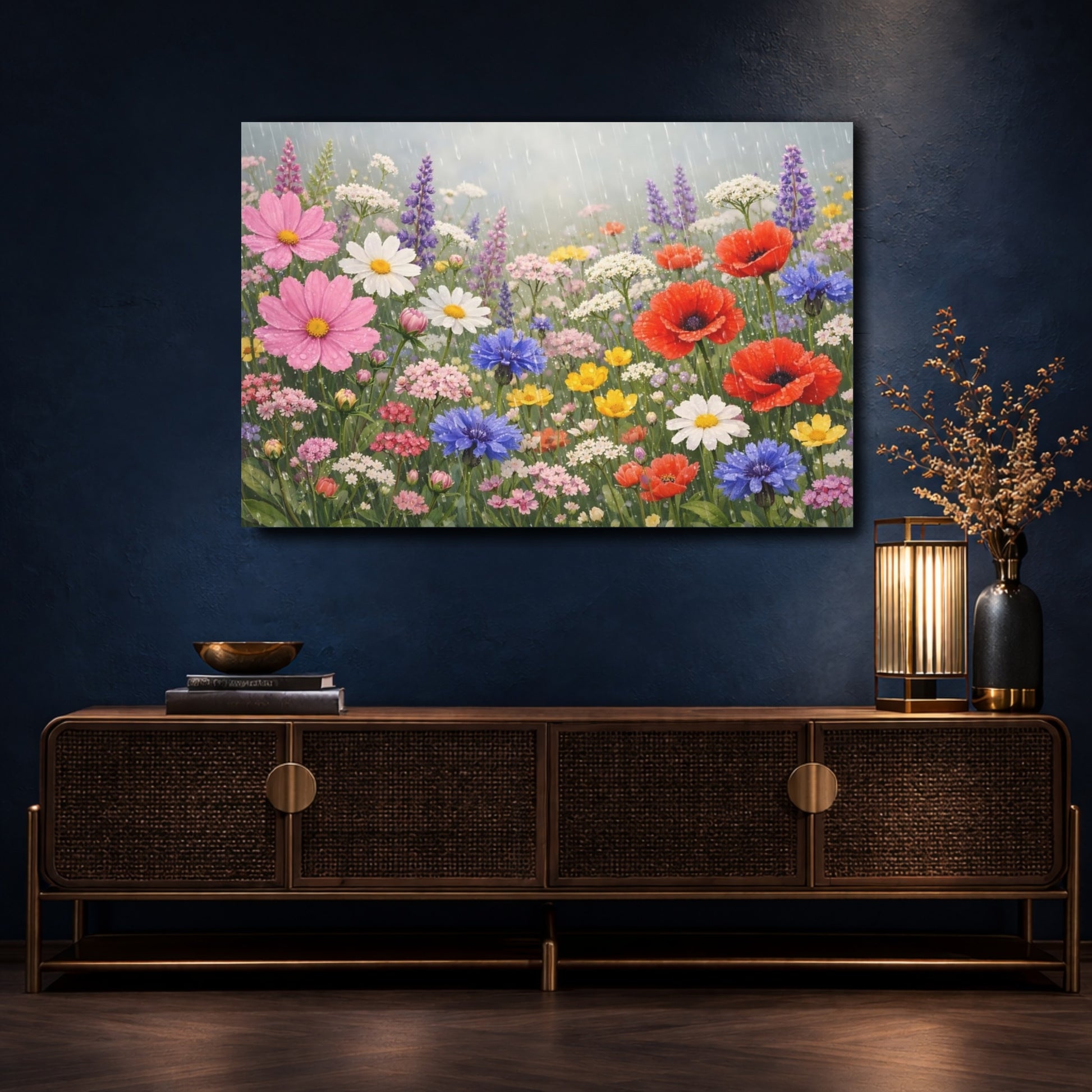 Mockup 4. Floral Wildflowers Colorful Rain Flowers shown as stretched canvas wall art