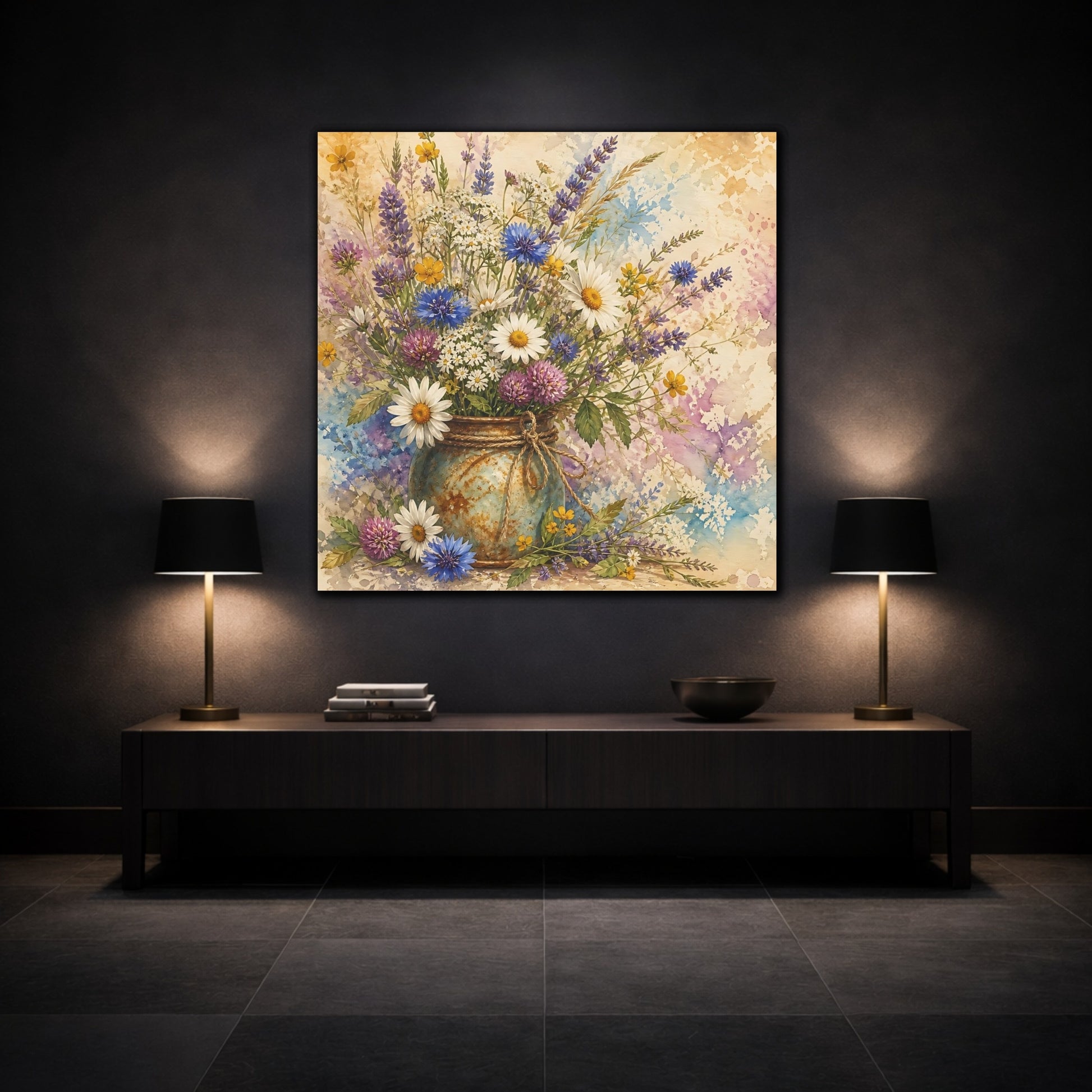 Mockup 3. Floral Wildflowers Colorful Wildflowers shown as stretched canvas wall art