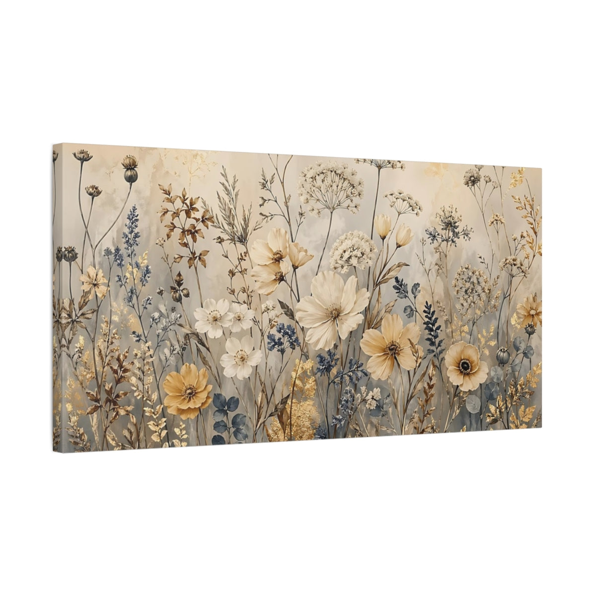 Side Mockup 1. Floral Wildflowers Gold And Blue Floral shown as stretched canvas wall art