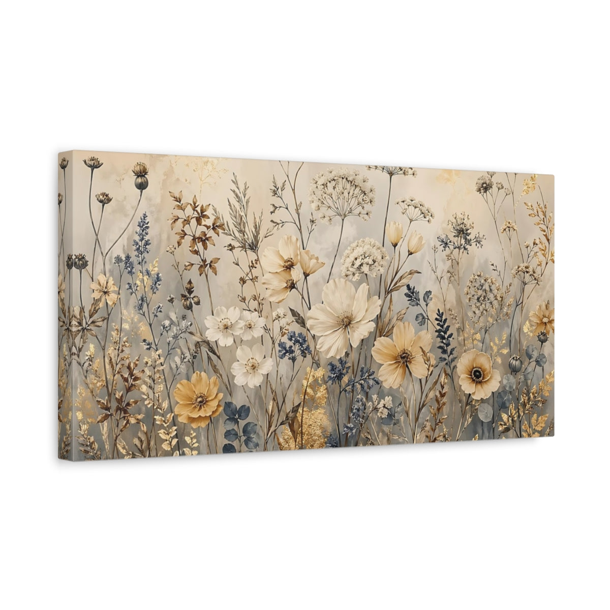 Side Mockup 3. Floral Wildflowers Gold And Blue Floral shown as stretched canvas wall art