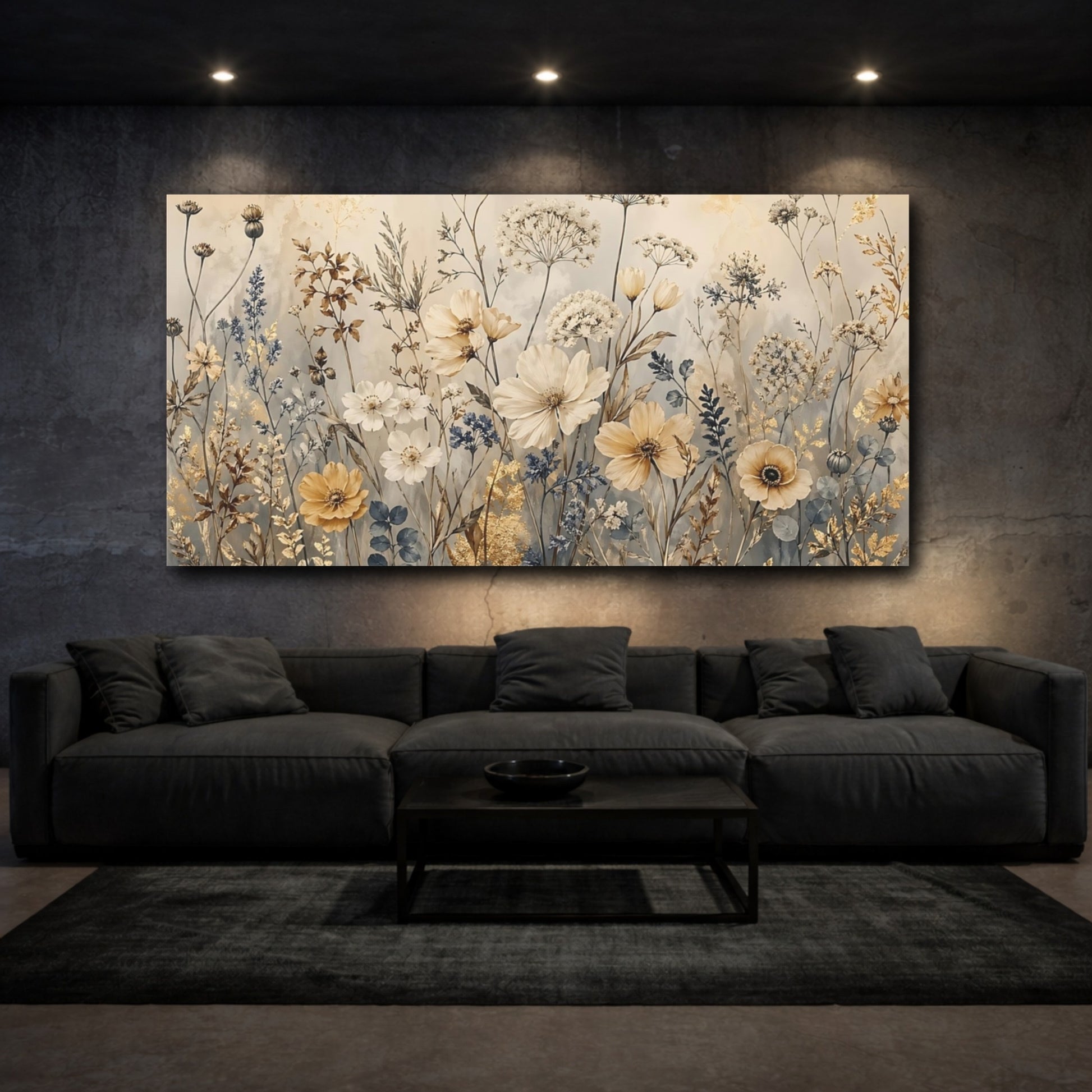 Mockup 2. Floral Wildflowers Gold And Blue Floral shown as stretched canvas wall art