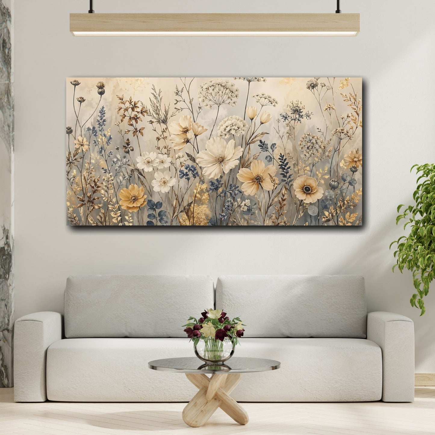 Mockup 3. Floral Wildflowers Gold And Blue Floral shown as stretched canvas wall art