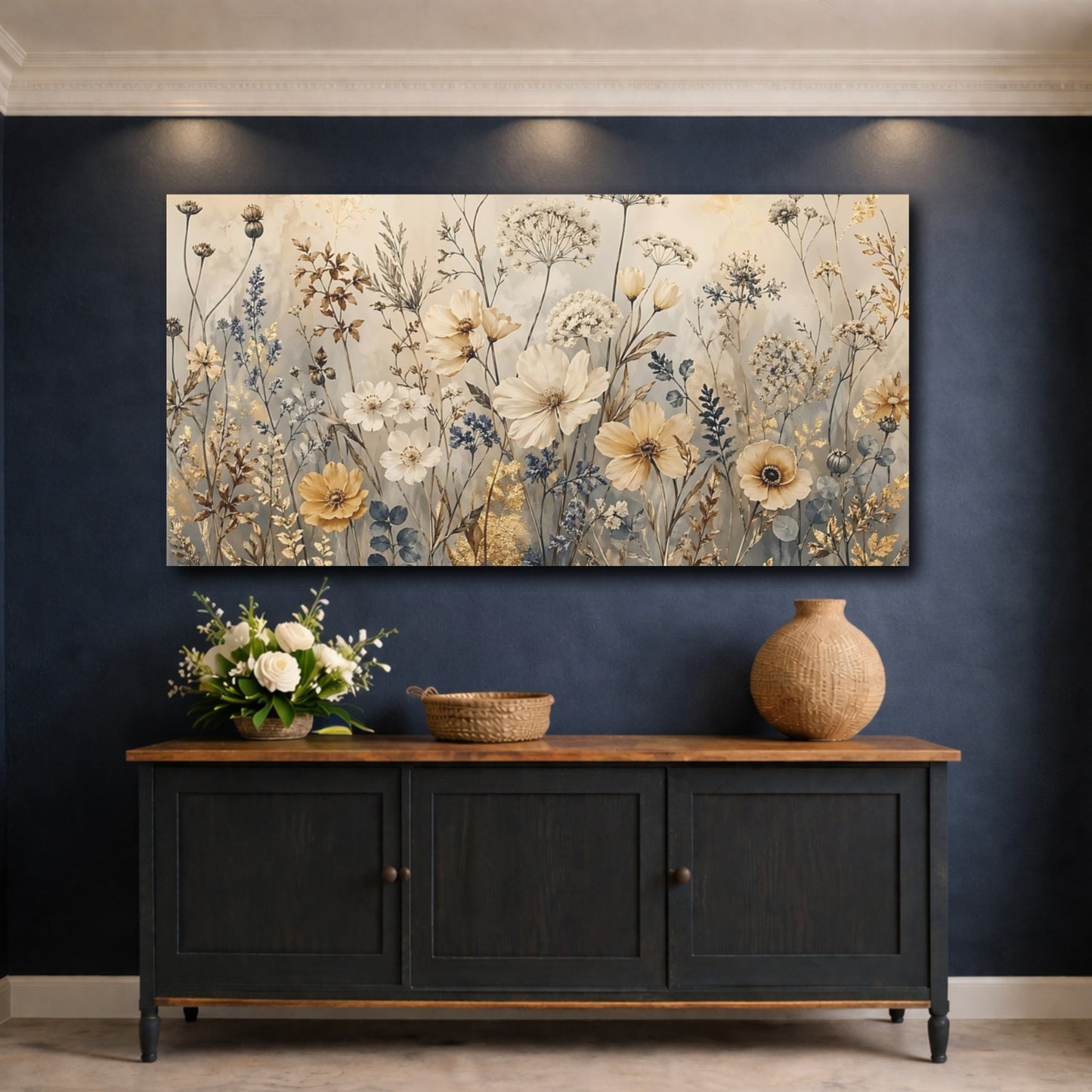 Mockup 4. Floral Wildflowers Gold And Blue Floral shown as stretched canvas wall art