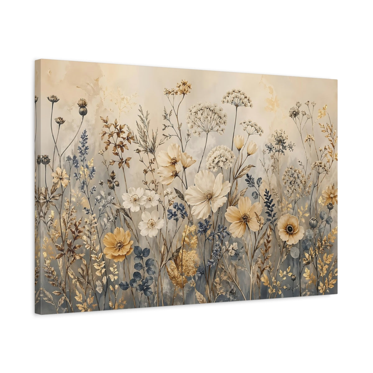 Side Mockup 2. Floral Wildflowers Gold Cream Floral shown as stretched canvas wall art