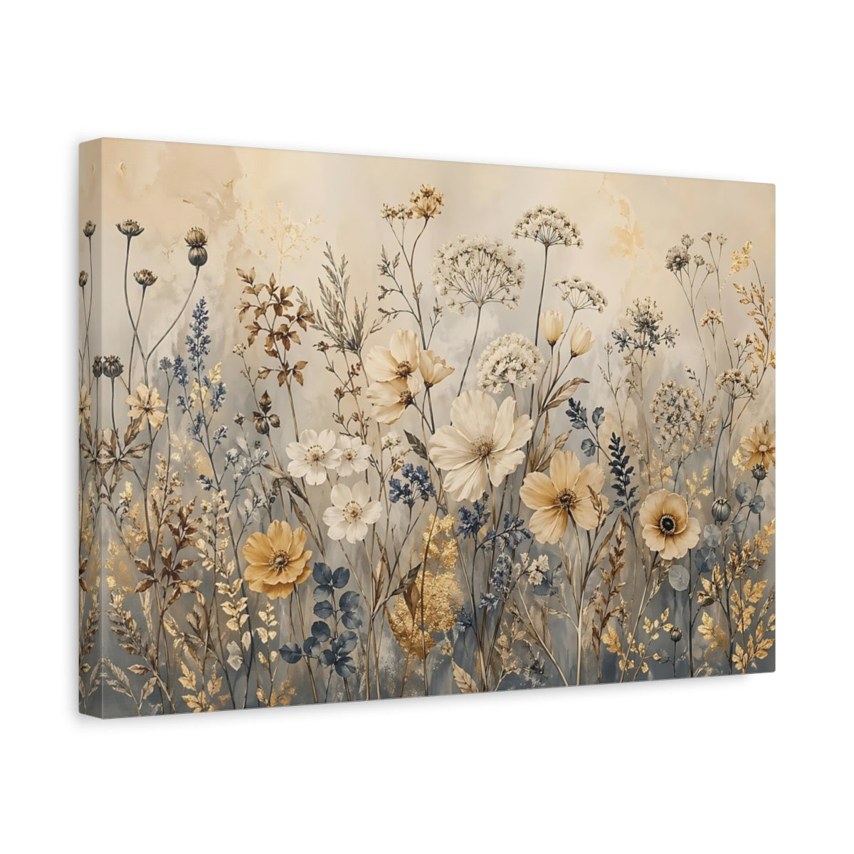 Side Mockup 4. Floral Wildflowers Gold Cream Floral shown as stretched canvas wall art