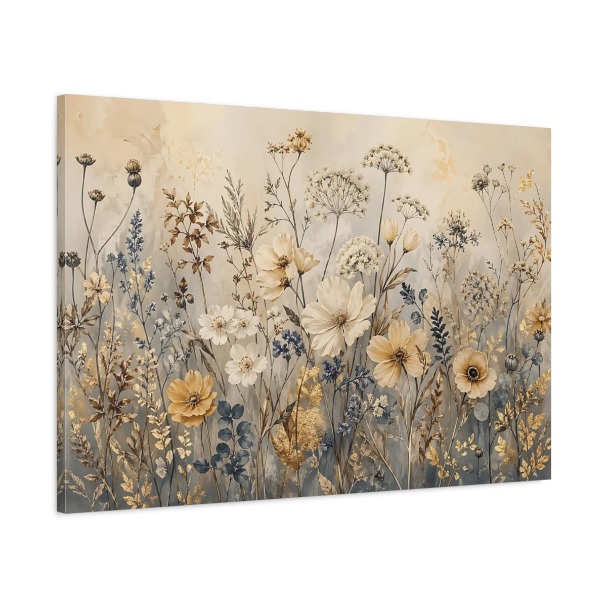 Main Mockup. Floral Wildflowers Gold Cream Floral shown as stretched canvas wall art