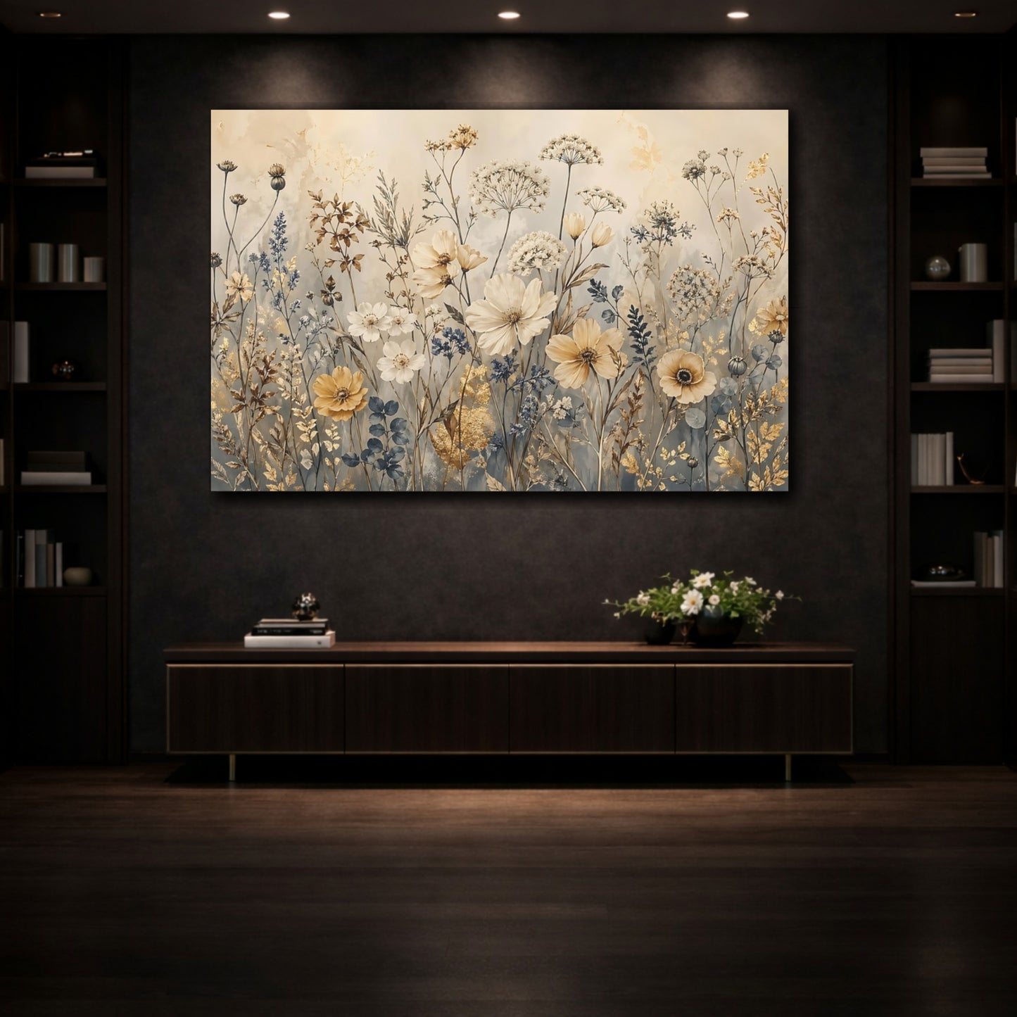 Mockup 3. Floral Wildflowers Gold Cream Floral shown as stretched canvas wall art