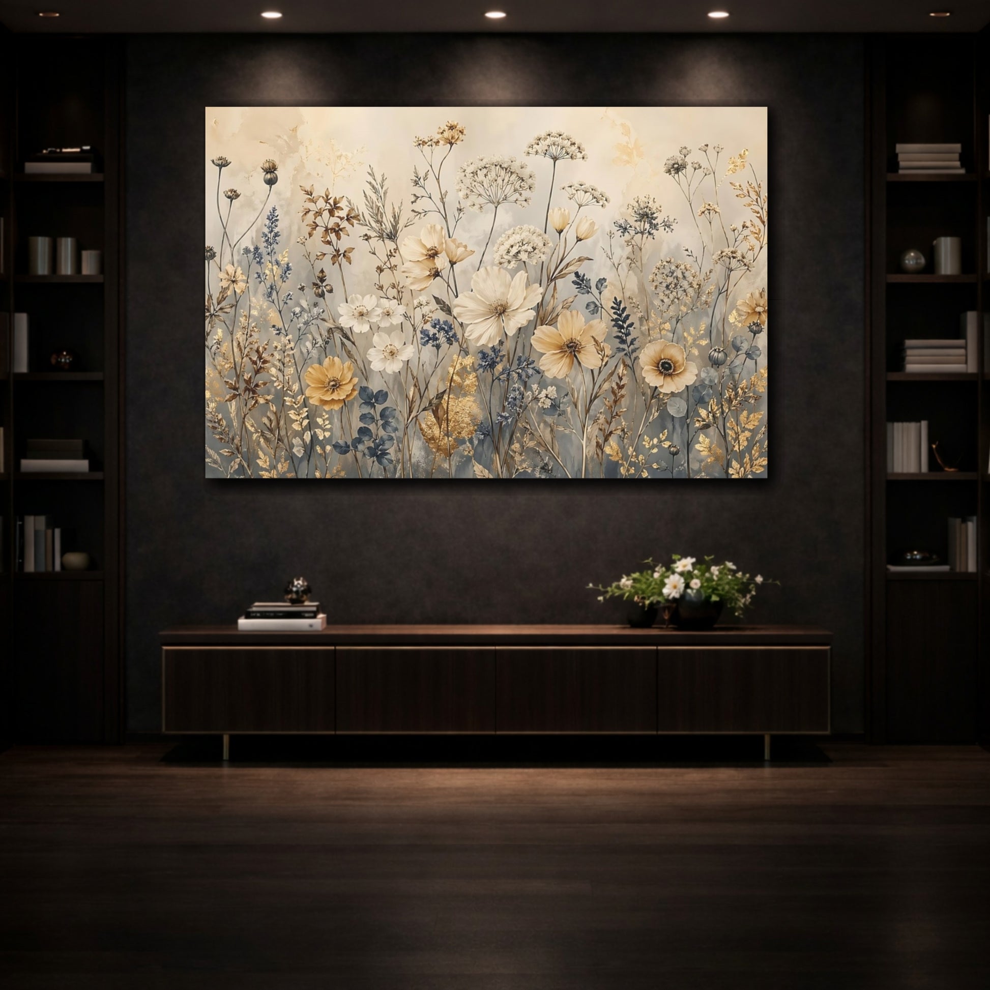 Mockup 3. Floral Wildflowers Gold Cream Floral shown as stretched canvas wall art