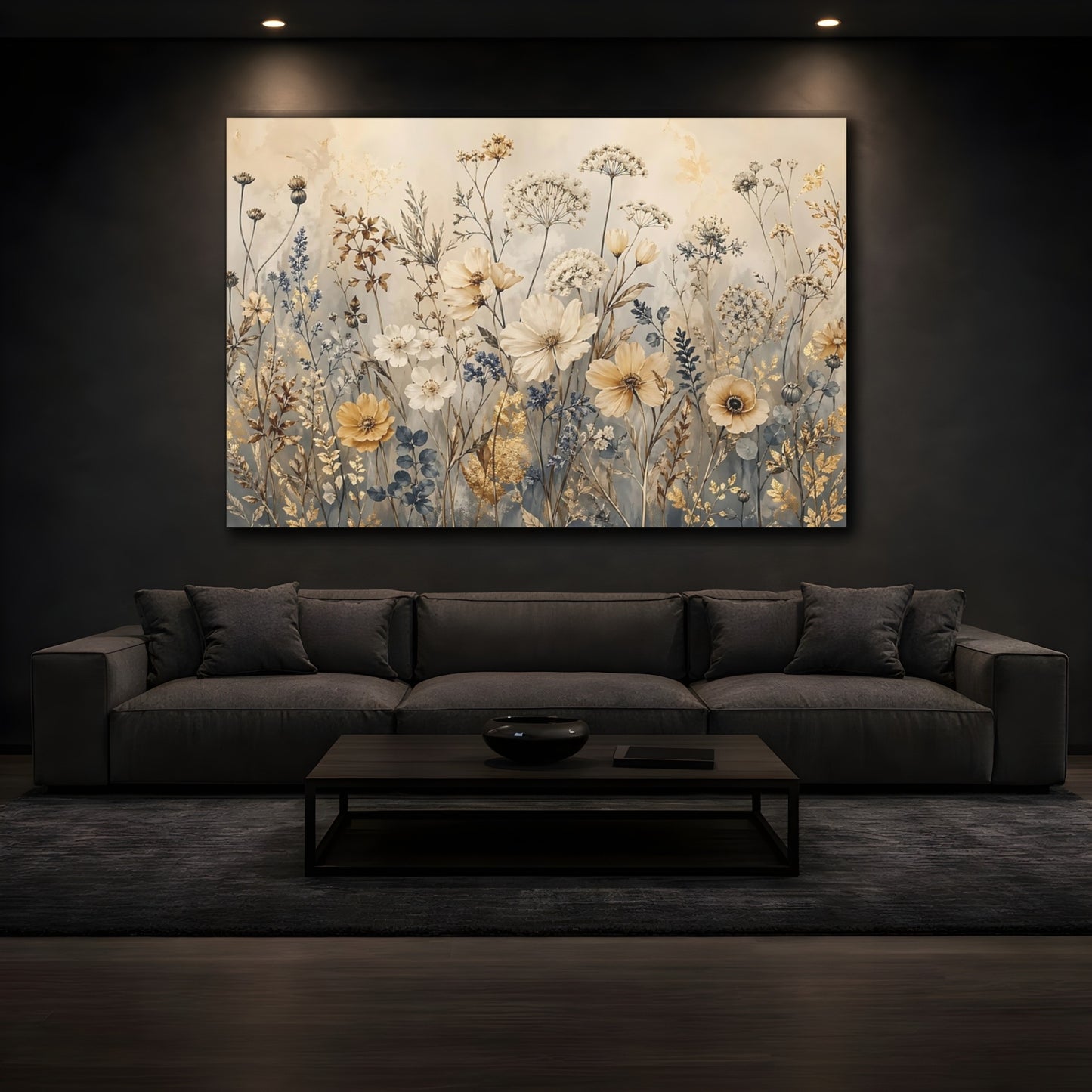 Mockup 4. Floral Wildflowers Gold Cream Floral shown as stretched canvas wall art