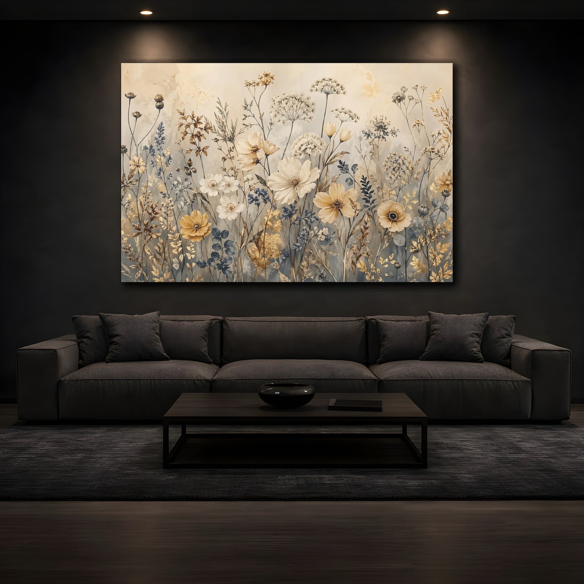 Mockup 4. Floral Wildflowers Gold Cream Floral shown as stretched canvas wall art