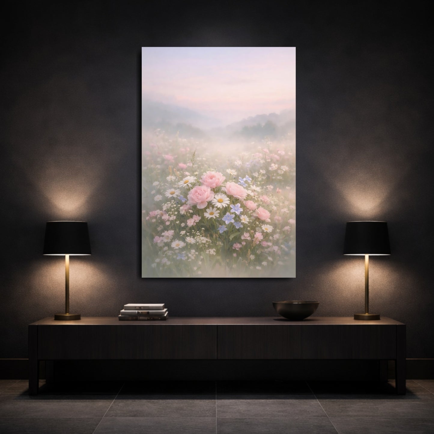 Floral Wildflowers Misty Floral Field shown as front canvas room wall art