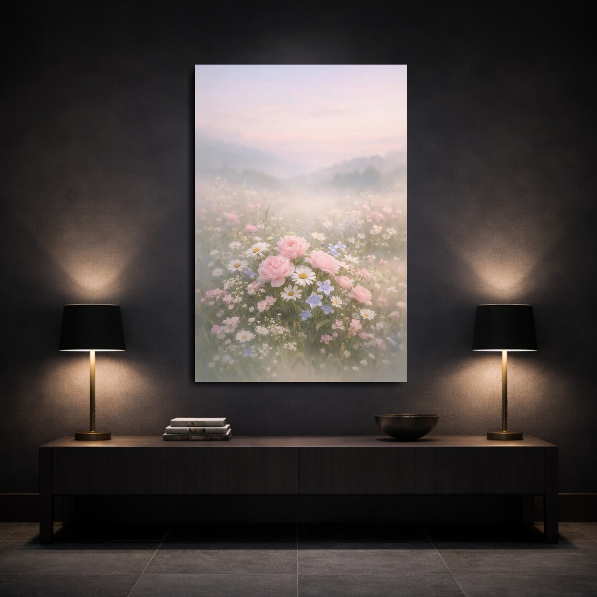 Floral Wildflowers Misty Floral Field shown as front canvas room wall art