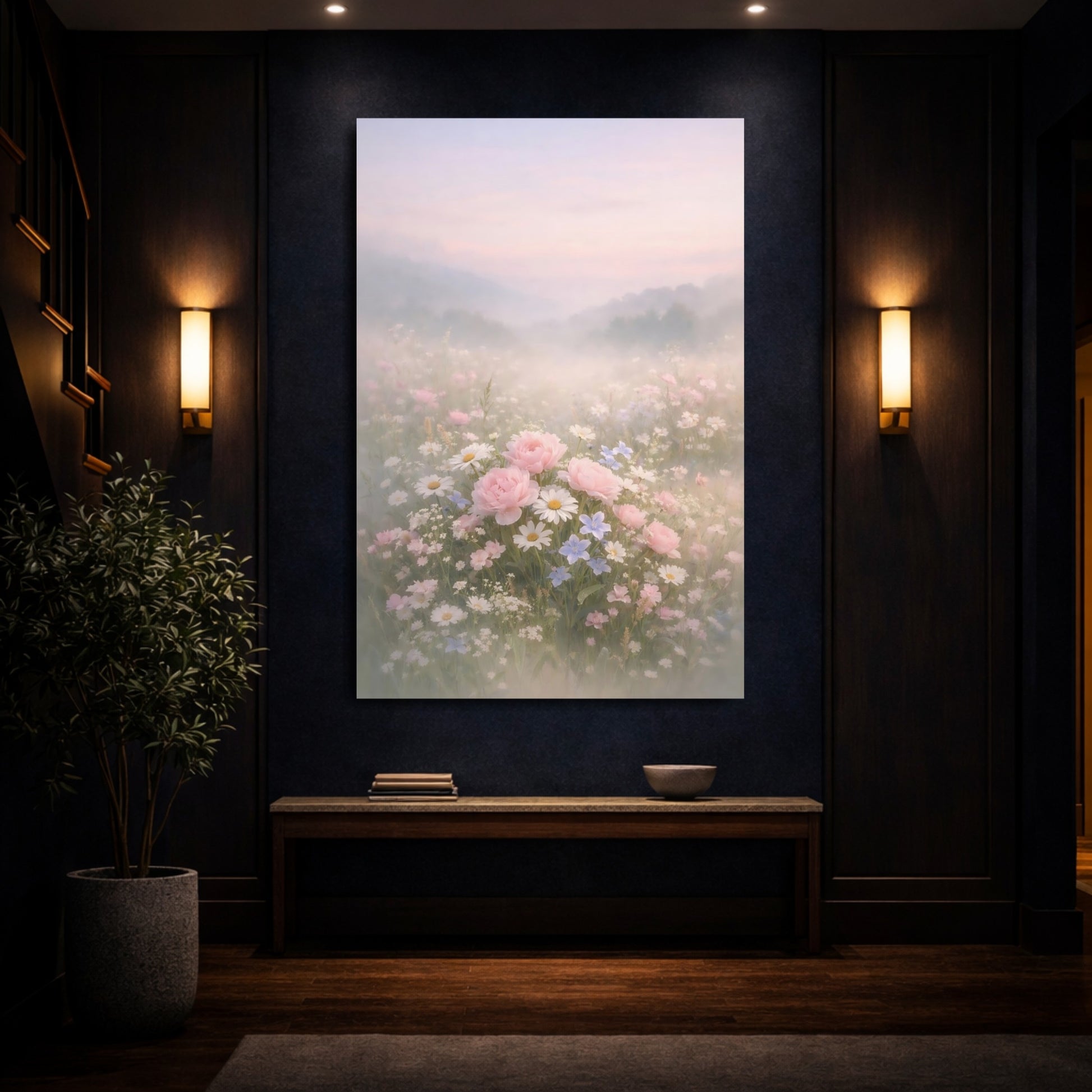 Floral Wildflowers Misty Floral Field shown as front canvas room wall art
