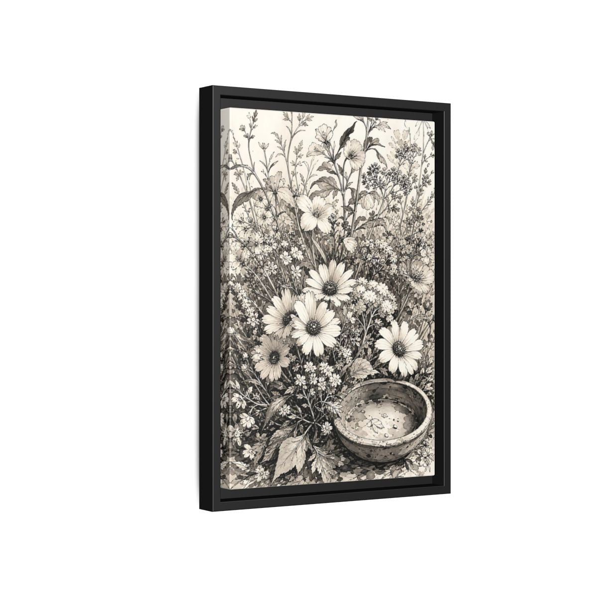 Floral Wildflowers Monochrome Flowers Framed Canvas Print Wall Art – Living Room Decor, Above Couch - YesArtYes