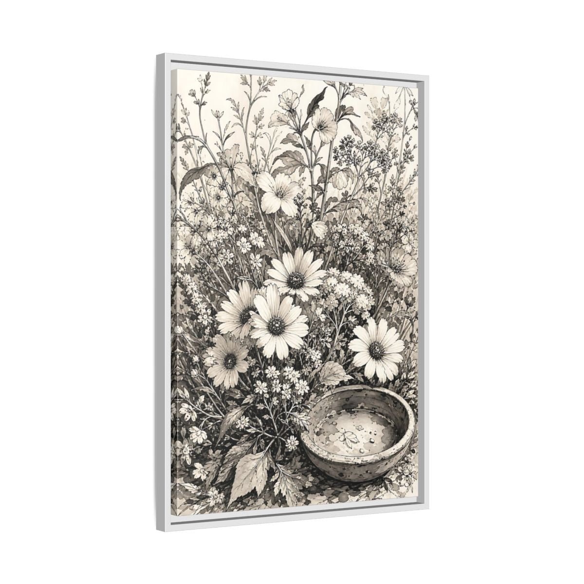 Floral Wildflowers Monochrome Flowers Framed Canvas Print Wall Art – Living Room Decor, Above Couch - YesArtYes