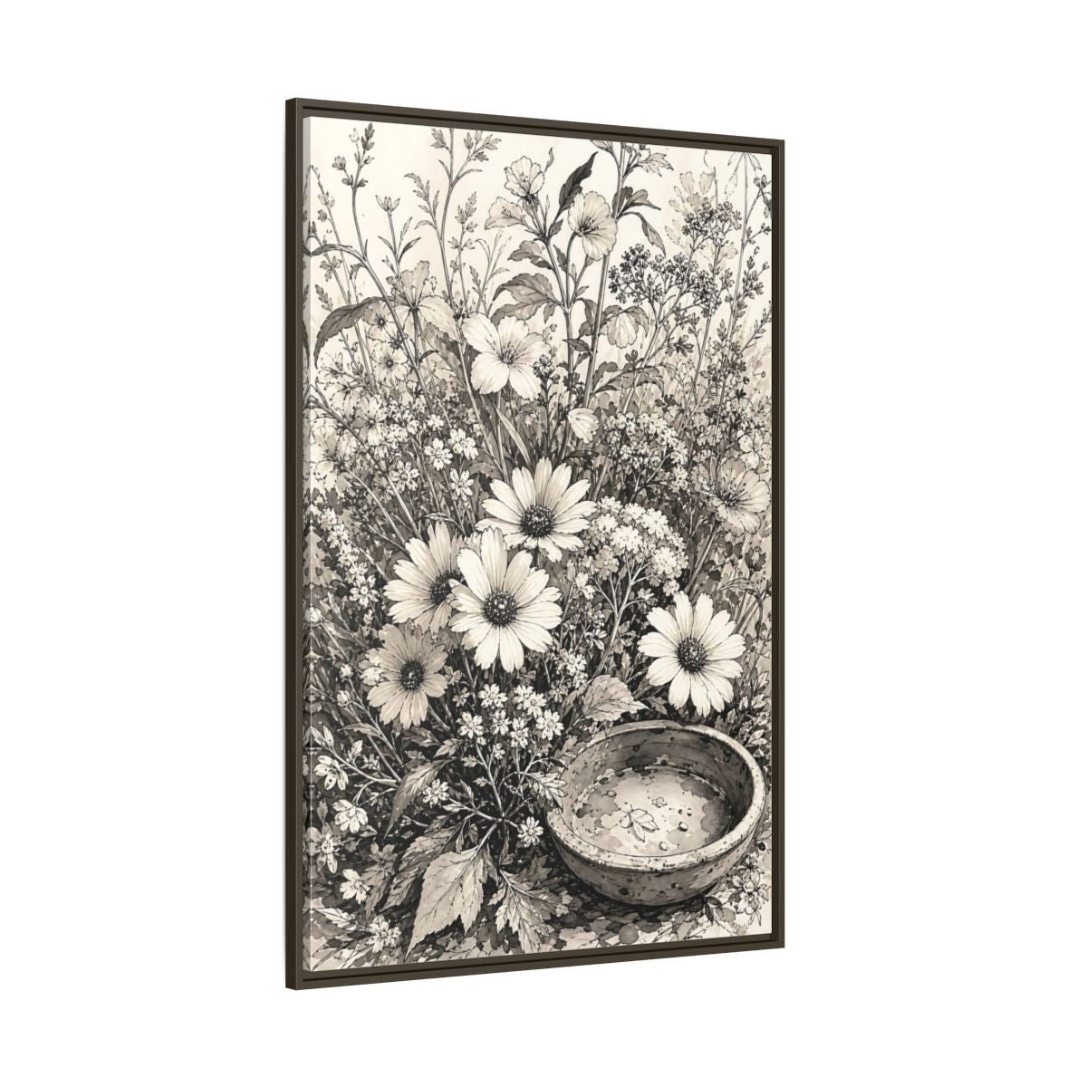Floral Wildflowers Monochrome Flowers Framed Canvas Print Wall Art – Living Room Decor, Above Couch - YesArtYes