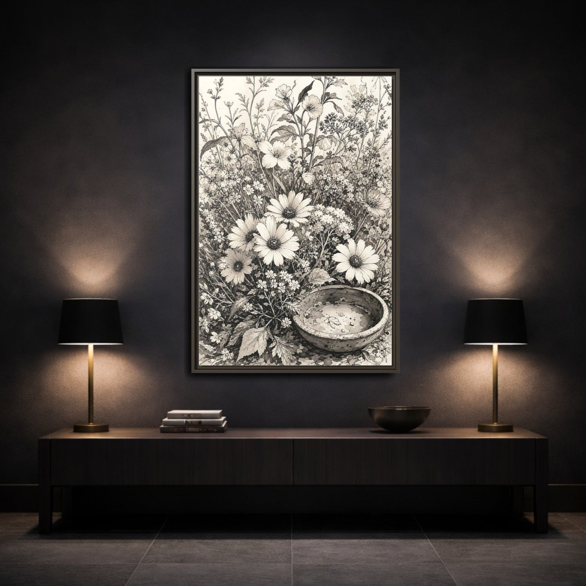 Floral Wildflowers Monochrome Flowers Framed Canvas Print Wall Art – Living Room Decor, Above Couch - YesArtYes