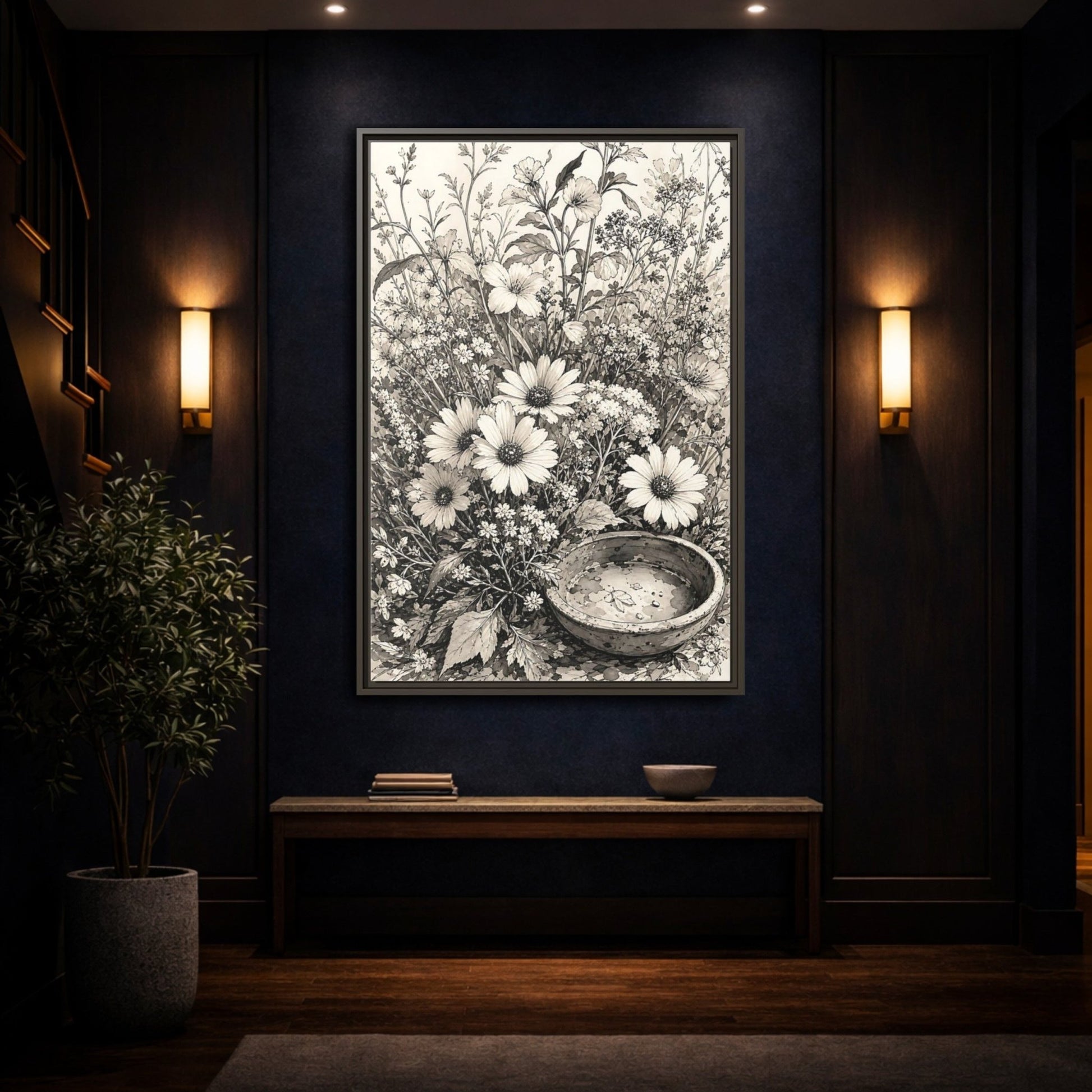 Floral Wildflowers Monochrome Flowers Framed Canvas Print Wall Art – Living Room Decor, Above Couch - YesArtYes
