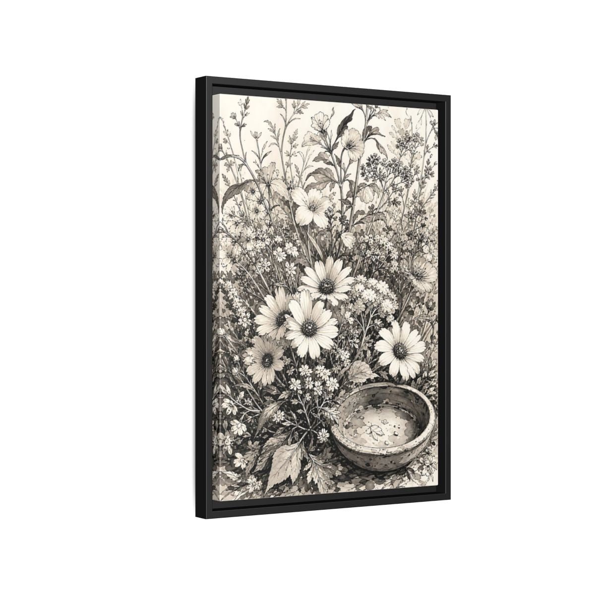 Floral Wildflowers Monochrome Flowers Framed Canvas Print Wall Art – Living Room Decor, Above Couch - YesArtYes