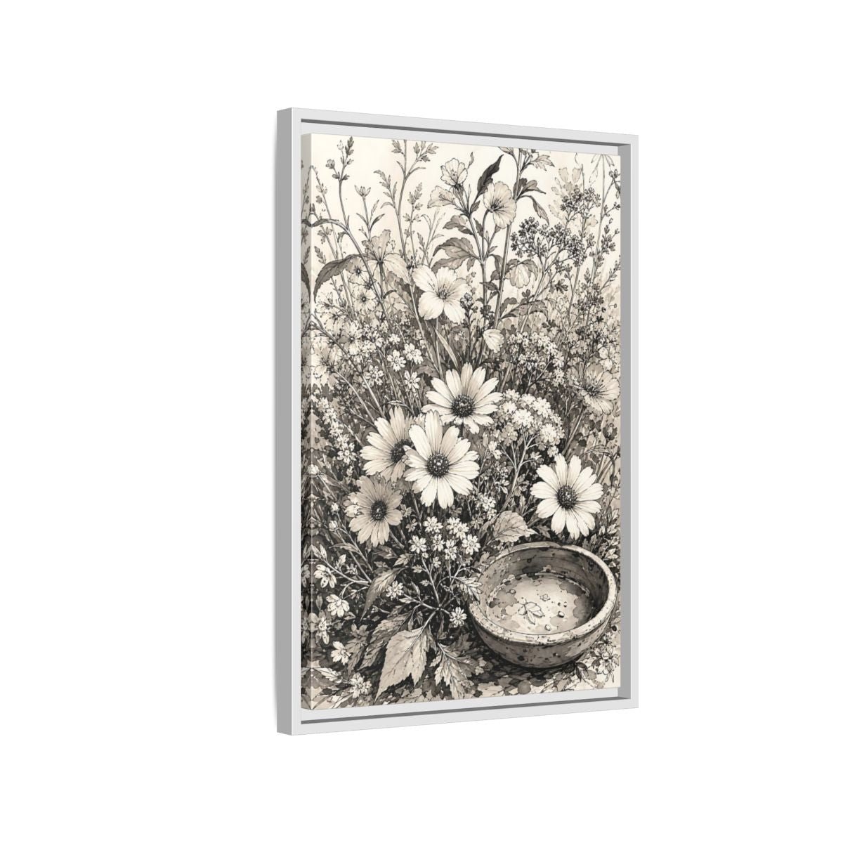 Floral Wildflowers Monochrome Flowers Framed Canvas Print Wall Art – Living Room Decor, Above Couch - YesArtYes