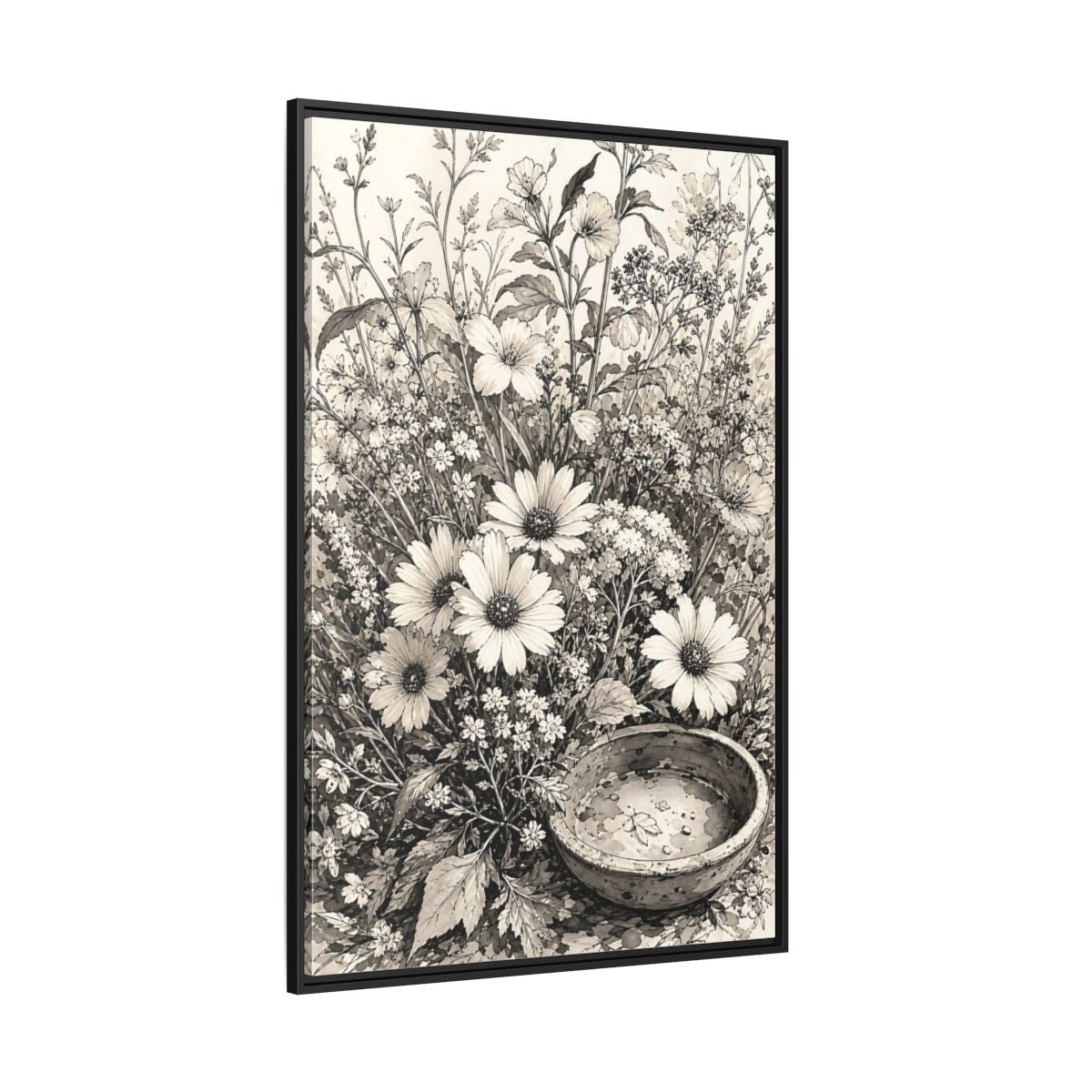 Floral Wildflowers Monochrome Flowers Framed Canvas Print Wall Art – Living Room Decor, Above Couch - YesArtYes