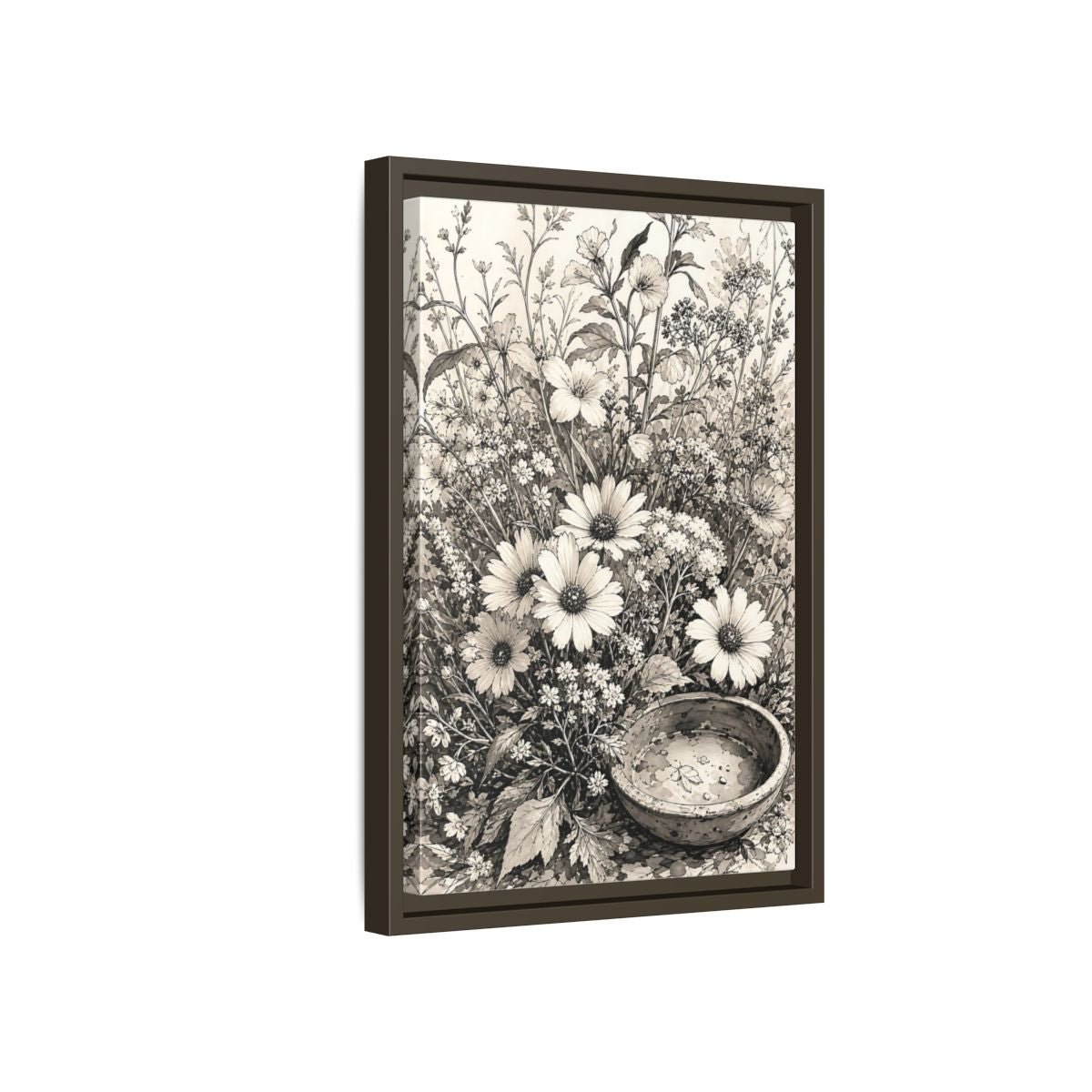 Floral Wildflowers Monochrome Flowers Framed Canvas Print Wall Art – Living Room Decor, Above Couch - YesArtYes