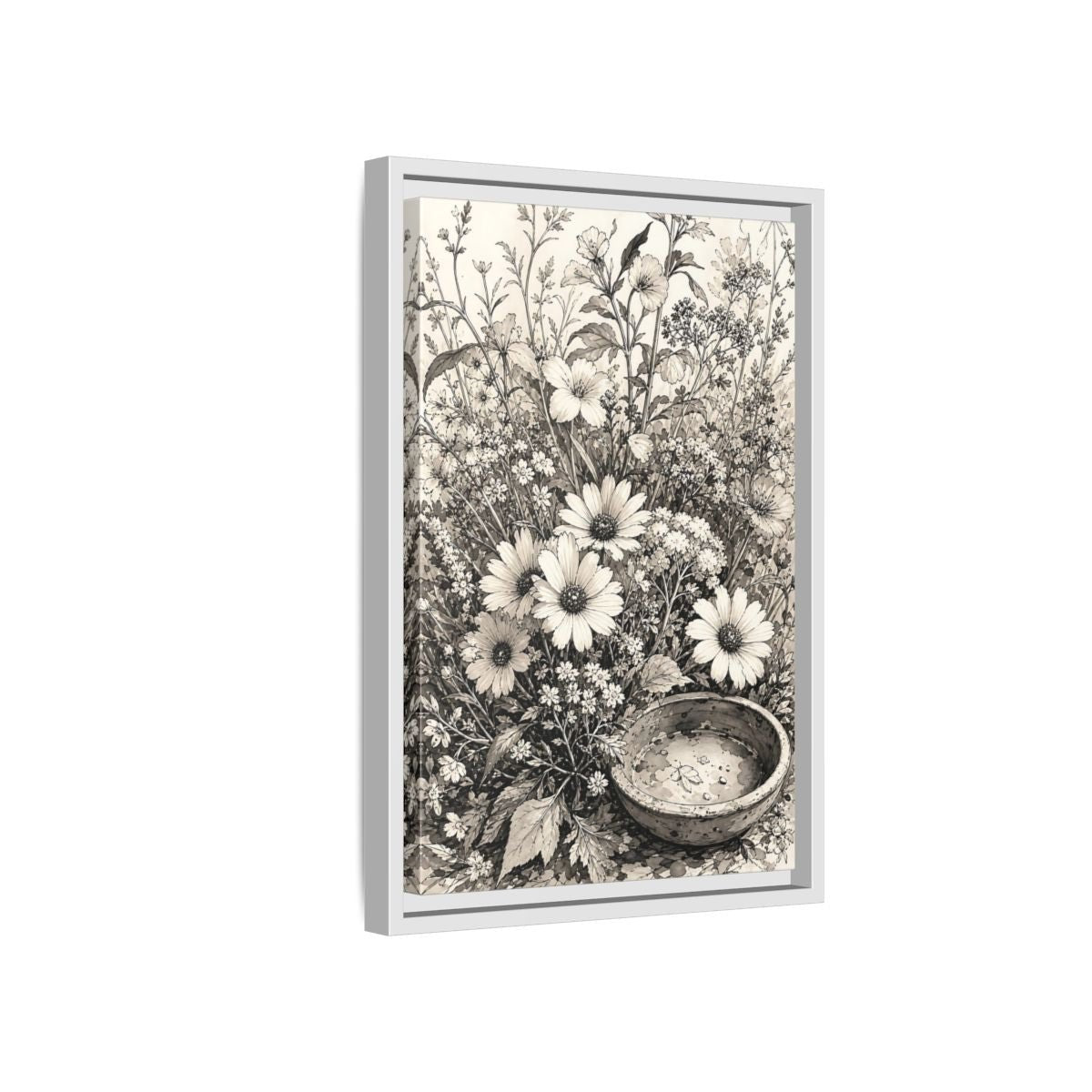 Floral Wildflowers Monochrome Flowers Framed Canvas Print Wall Art – Living Room Decor, Above Couch - YesArtYes