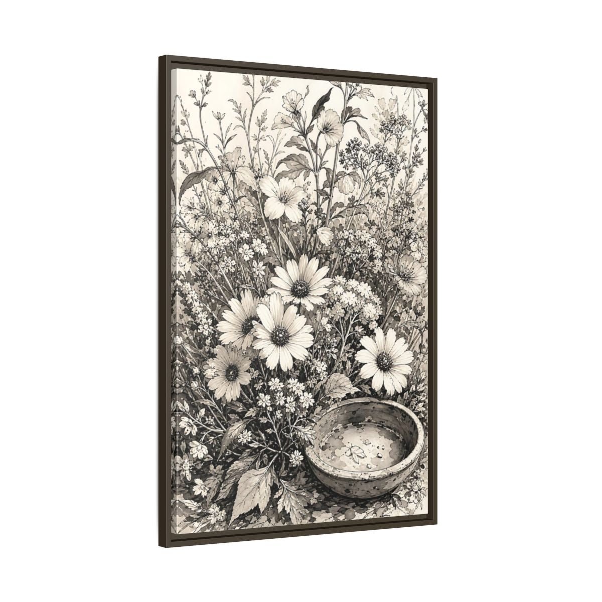 Floral Wildflowers Monochrome Flowers Framed Canvas Print Wall Art – Living Room Decor, Above Couch - YesArtYes