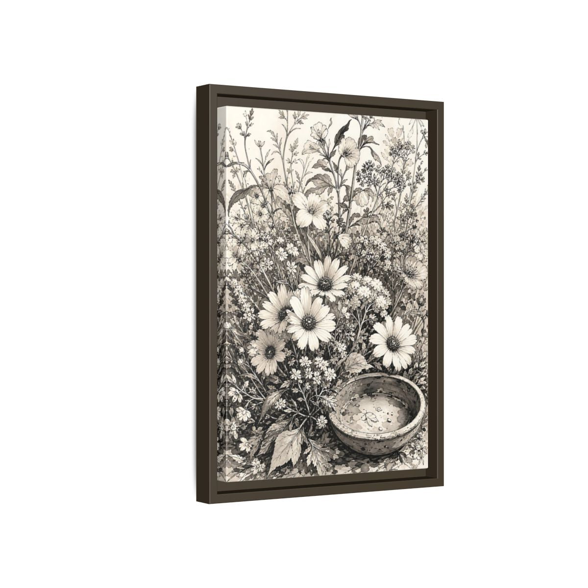 Side Mockup 5. Floral Wildflowers Monochrome Flowers shown as framed canvas print