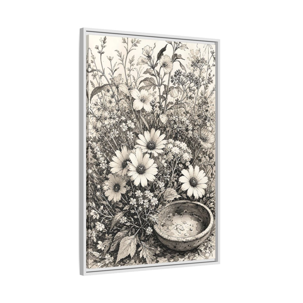 Side Mockup 9. Floral Wildflowers Monochrome Flowers shown as framed canvas print