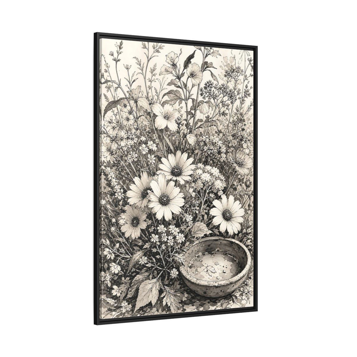 Side Mockup 12. Floral Wildflowers Monochrome Flowers shown as framed canvas print