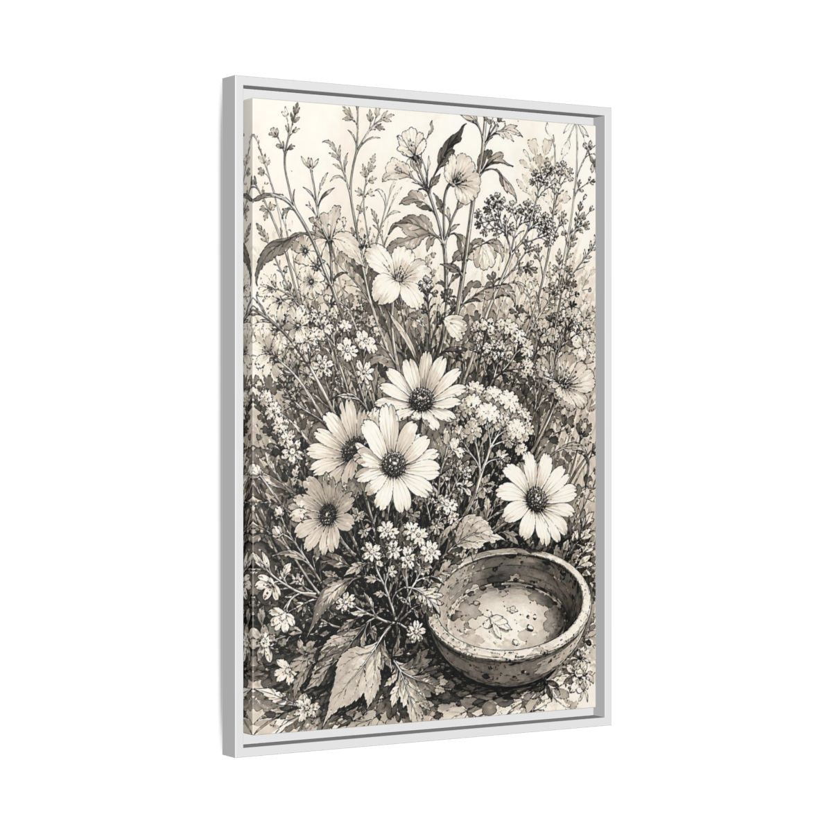 Side Mockup 10. Floral Wildflowers Monochrome Flowers shown as framed canvas print