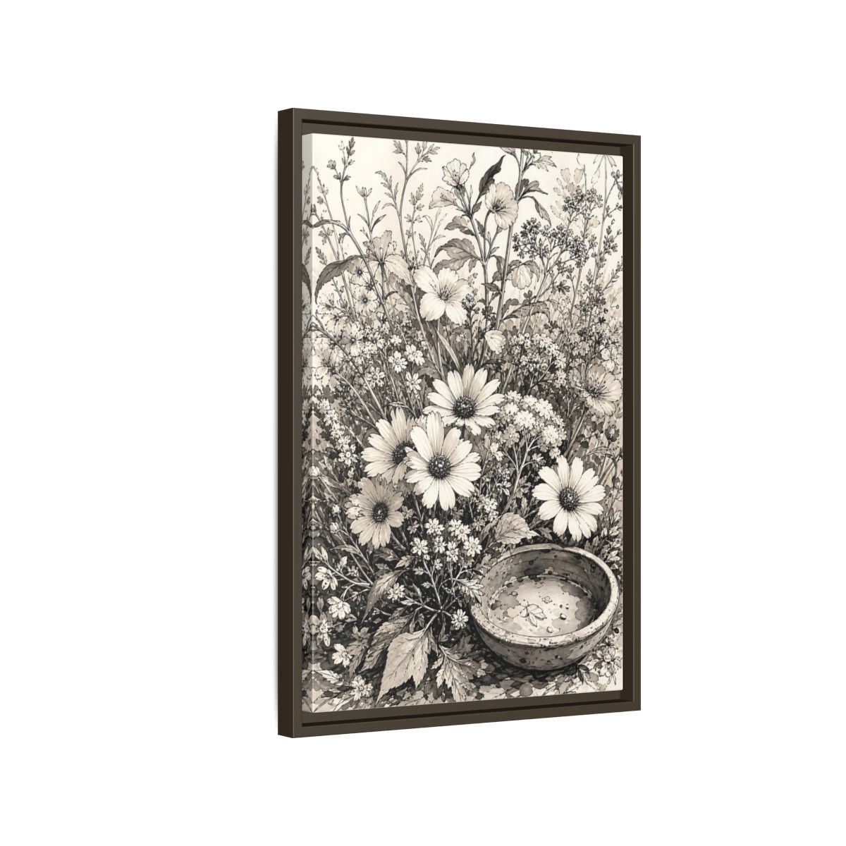 Side Mockup 2. Floral Wildflowers Monochrome Flowers shown as framed canvas print