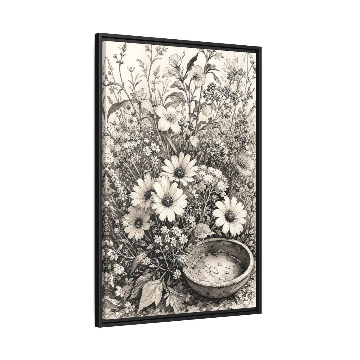 Side Mockup 13. Floral Wildflowers Monochrome Flowers shown as framed canvas print