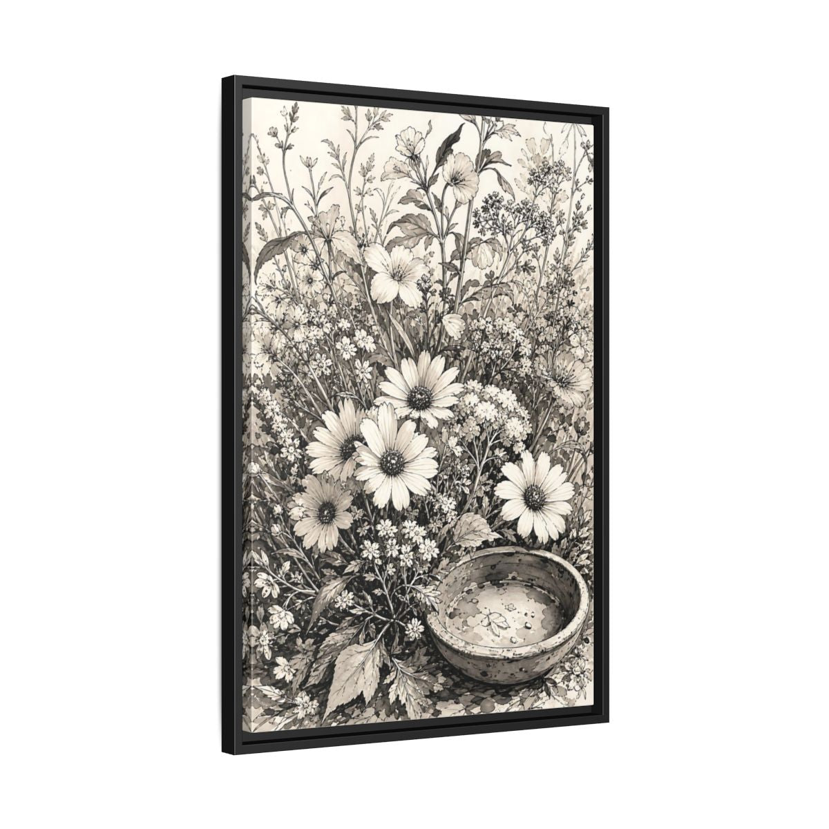 Side Mockup 14. Floral Wildflowers Monochrome Flowers shown as framed canvas print