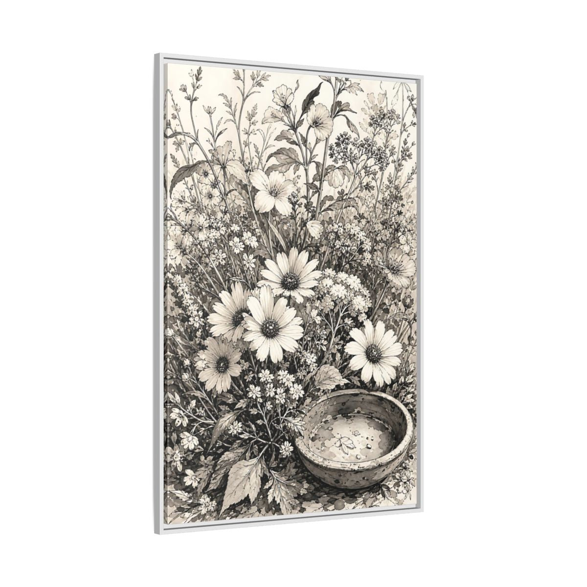 Side Mockup 7. Floral Wildflowers Monochrome Flowers shown as framed canvas print