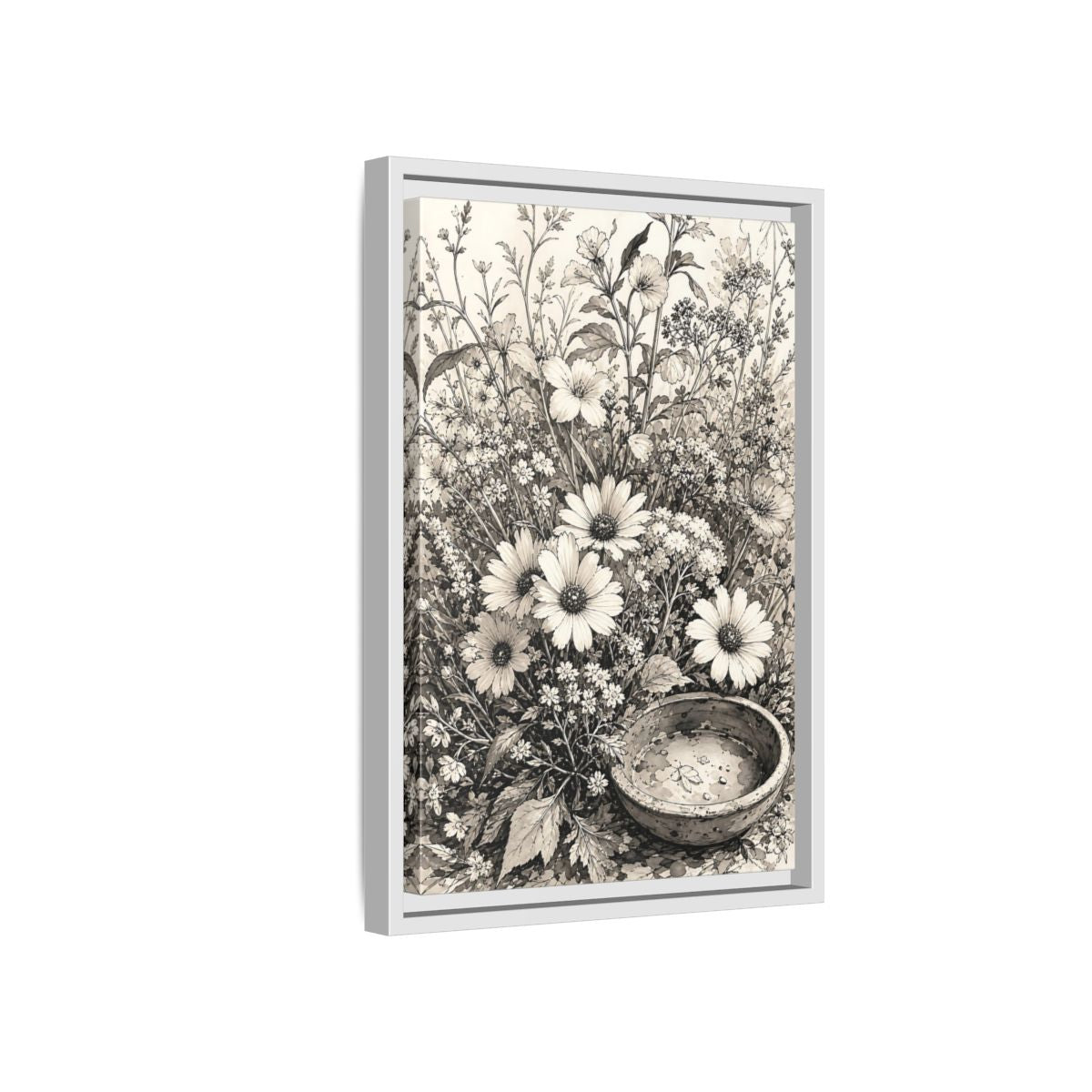 Side Mockup 4. Floral Wildflowers Monochrome Flowers shown as framed canvas print
