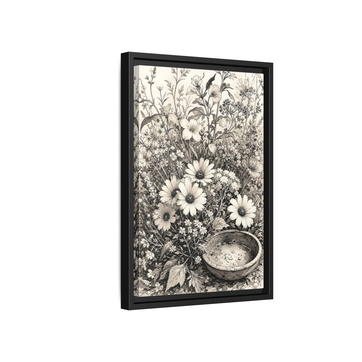 Side Mockup 6. Floral Wildflowers Monochrome Flowers shown as framed canvas print