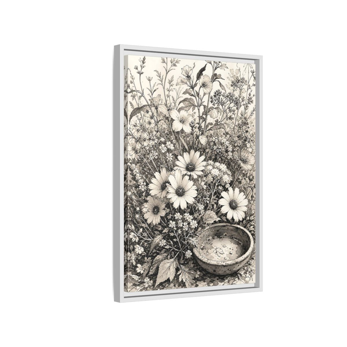 Side Mockup 1. Floral Wildflowers Monochrome Flowers shown as framed canvas print