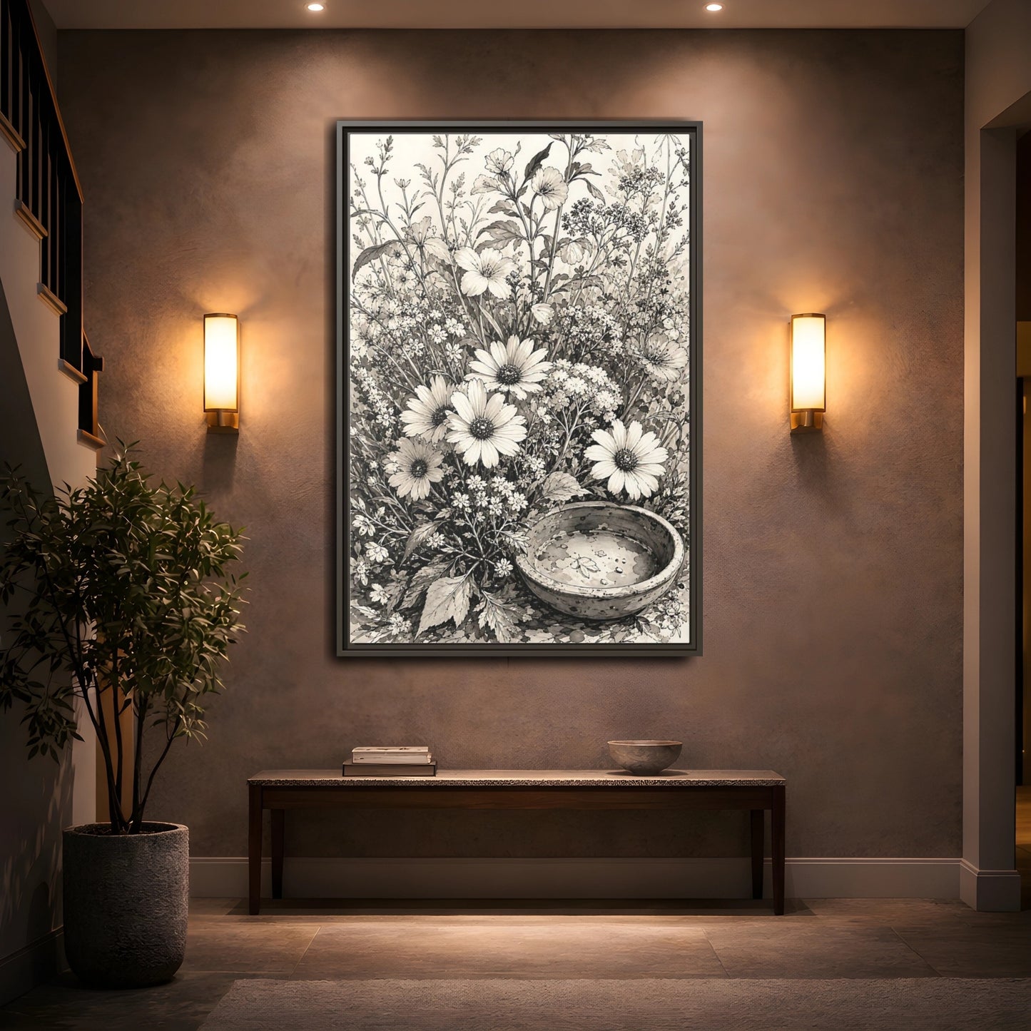Mockup 2. Floral Wildflowers Monochrome Flowers shown as framed canvas print