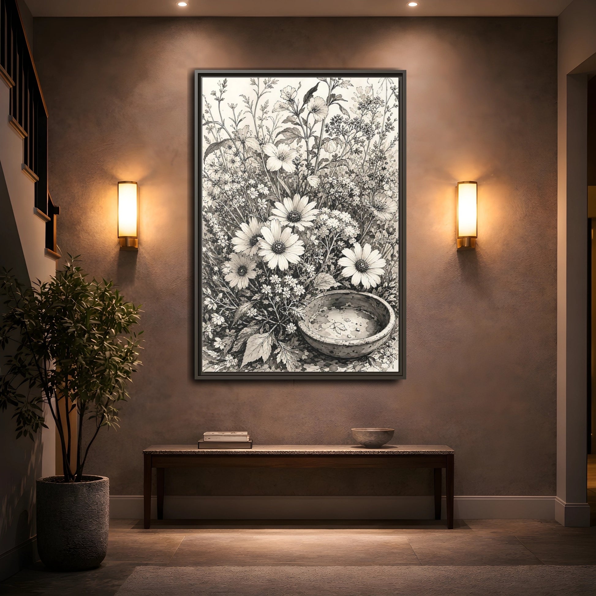 Mockup 2. Floral Wildflowers Monochrome Flowers shown as framed canvas print