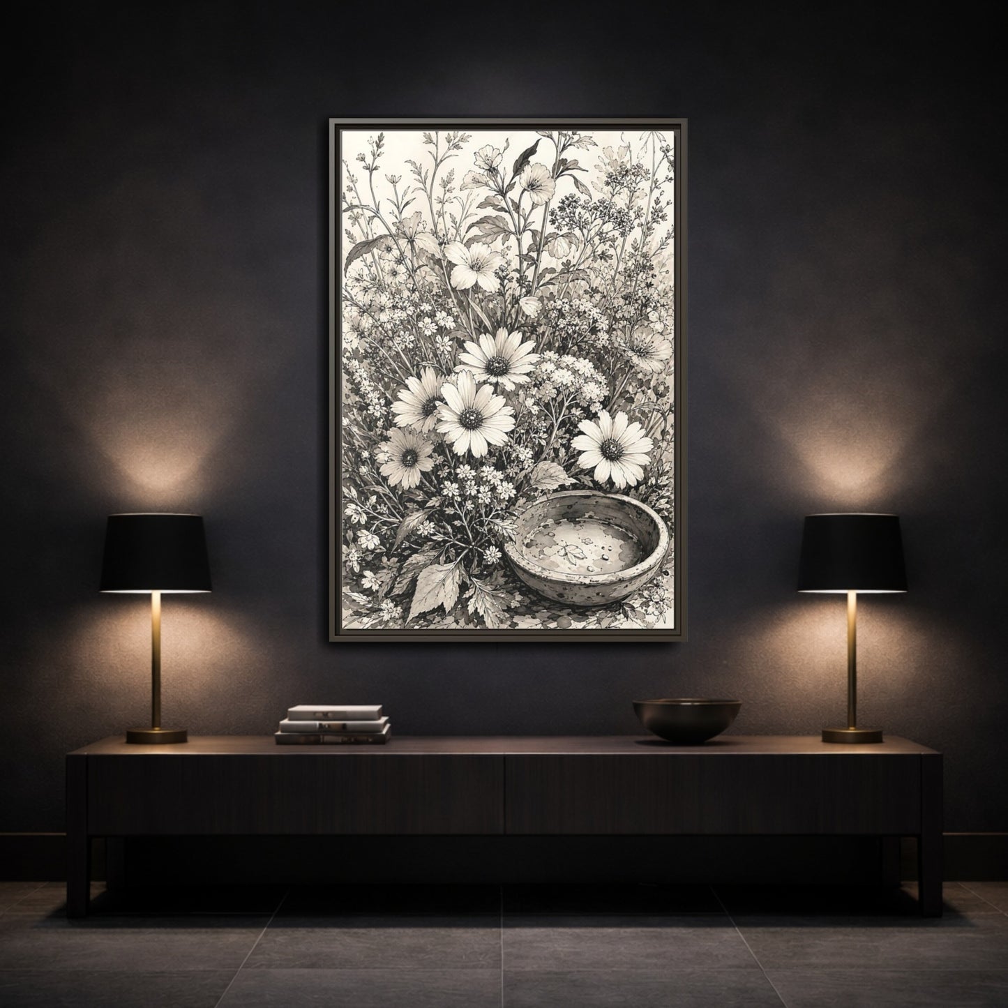 Mockup 3. Floral Wildflowers Monochrome Flowers shown as framed canvas print