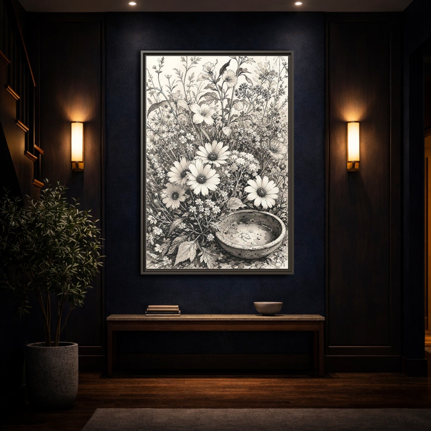 Mockup 4. Floral Wildflowers Monochrome Flowers shown as framed canvas print