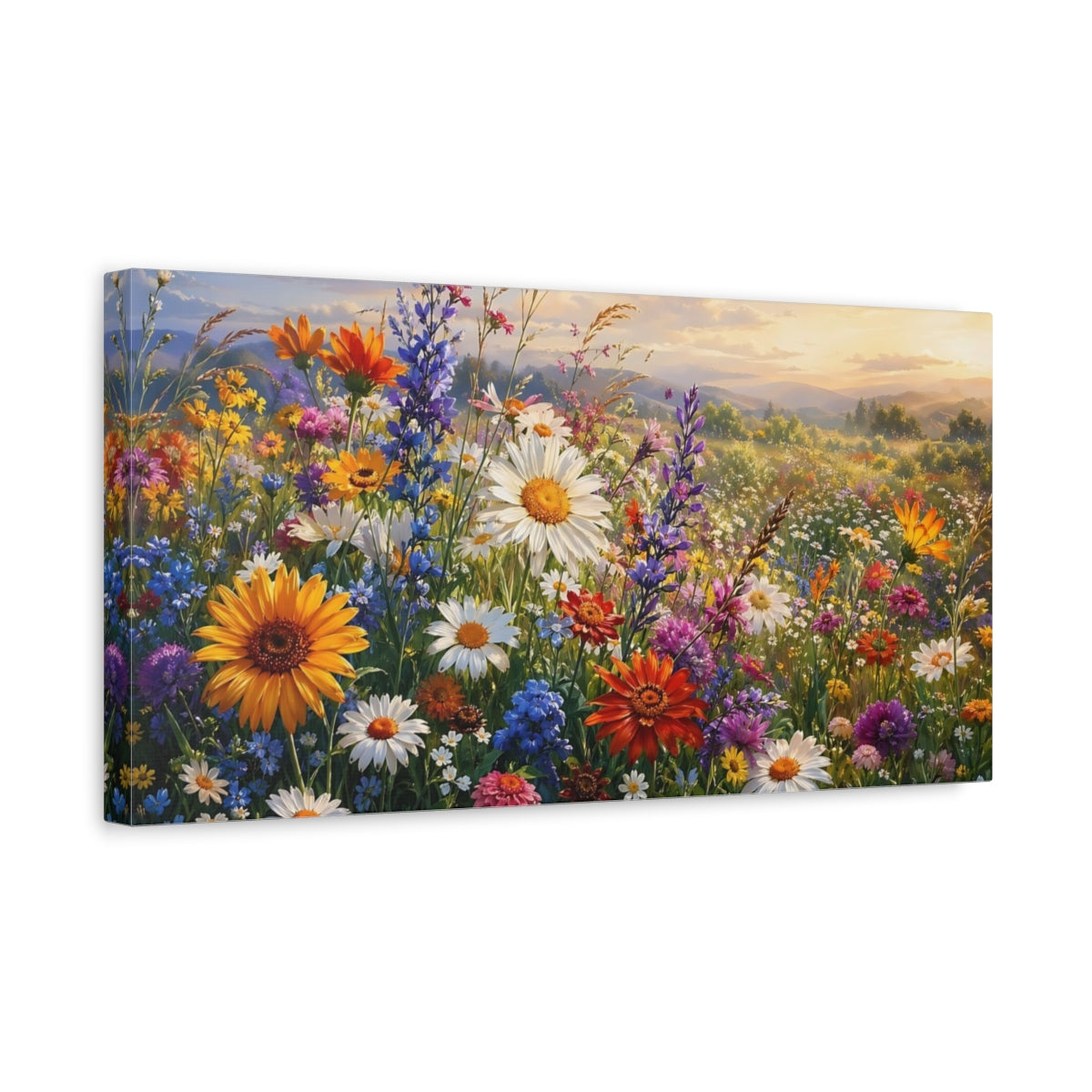 Side Mockup 3. Floral Wildflowers Multi-Color Floral shown as stretched canvas wall art