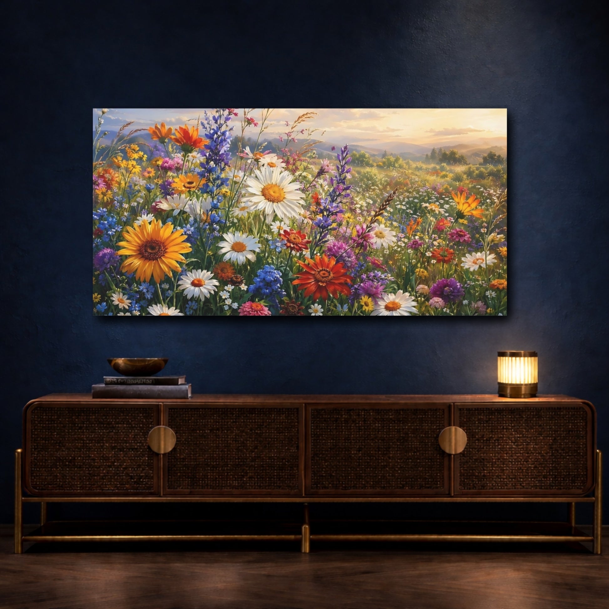 Mockup 3. Floral Wildflowers Multi-Color Floral shown as stretched canvas wall art