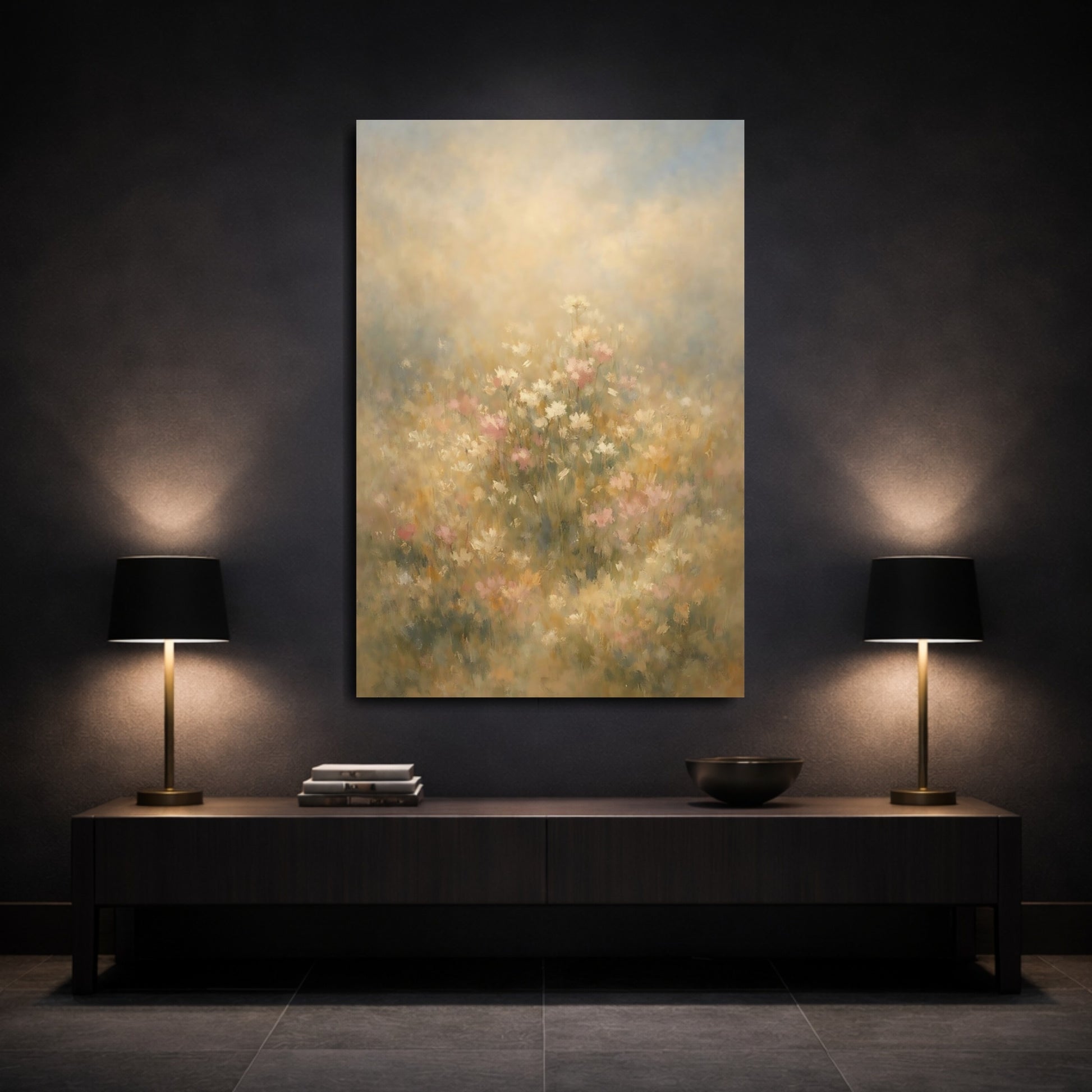 Mockup 2. Floral Wildflowers Muted Floral Field shown as stretched canvas wall art