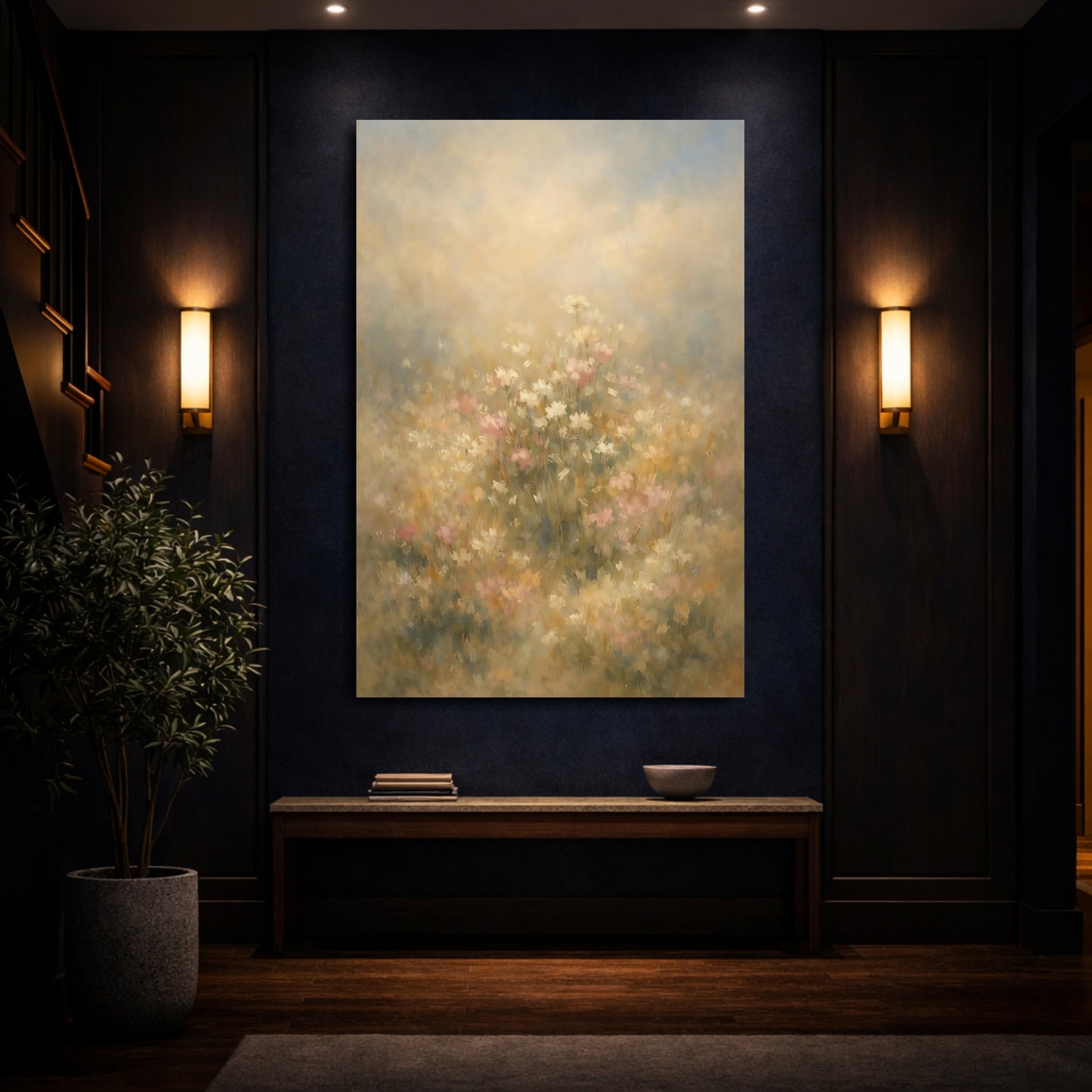 Mockup 3. Floral Wildflowers Muted Floral Field shown as stretched canvas wall art